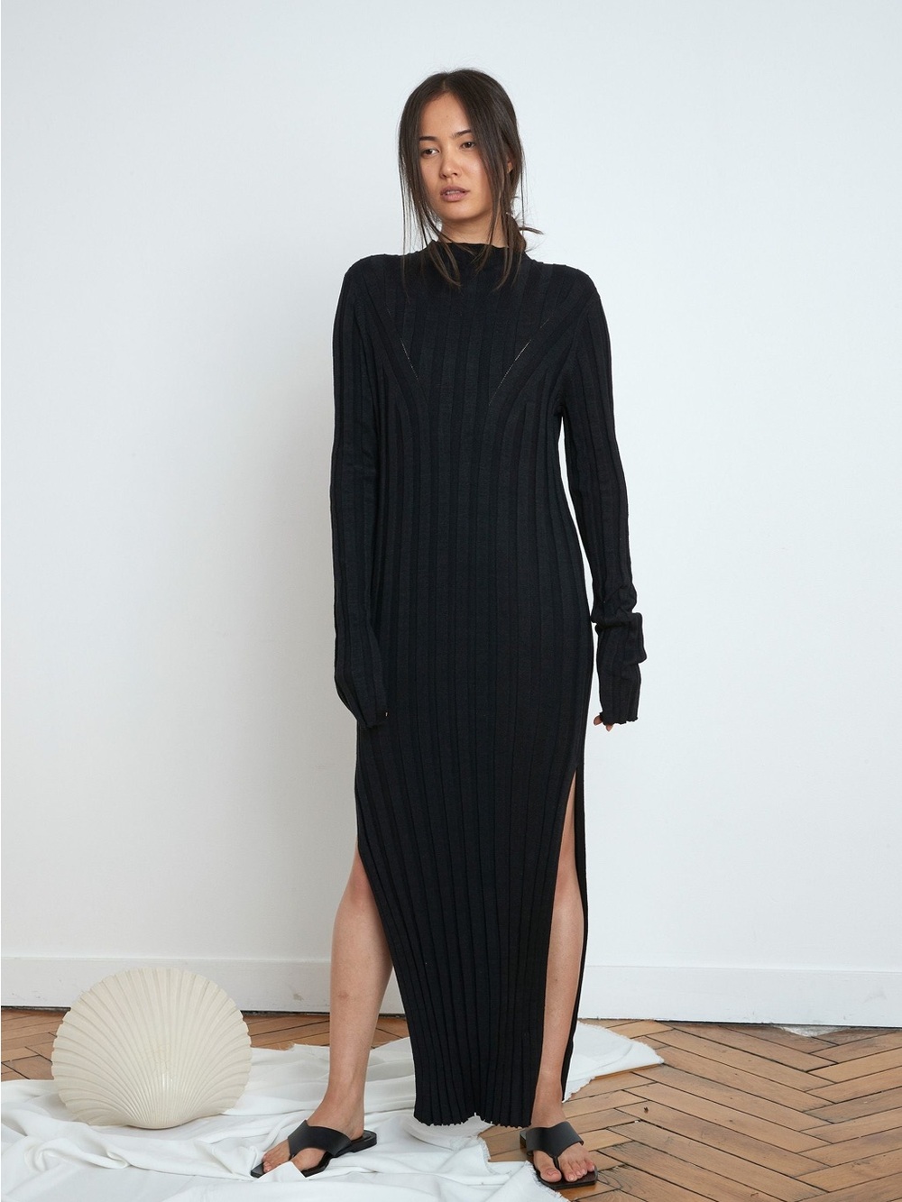 Loulou Studio Black Ribbed Long Sleeve Knit Dress - Women